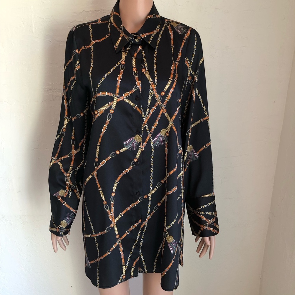 Zara trf Collection Black/Brown Chain-Link Long Sleeves Blouse Women’s Size L